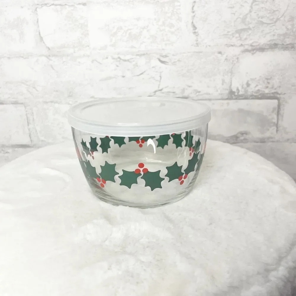 Crate&Barrel Christmas Holly Leaf Glass Bowl with Lid 16.5 oz